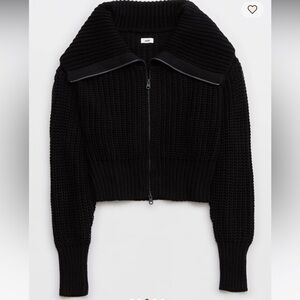 Aerie Double Zip Cardigan Black Shawl Cropped Heavy Knit Loose Fit